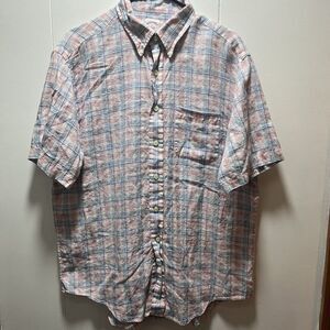 Brooks Brothers Shirt Mens Size Large Blue Pink 100% Linen Plaid Short Sleeve‎